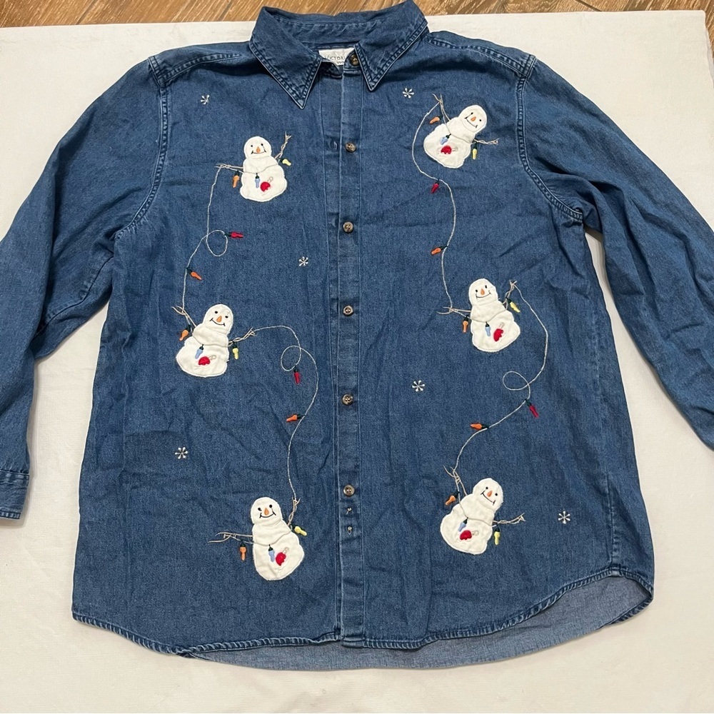 Vintage Victoria Jones Snowman Blue Jean Button Down Shirt 90’s Y2K